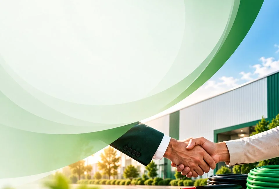 Business handshake in front of a cable factory beside coiled green copper cables