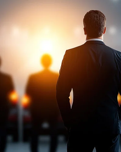 Business leader in a suit facing his team against warm light