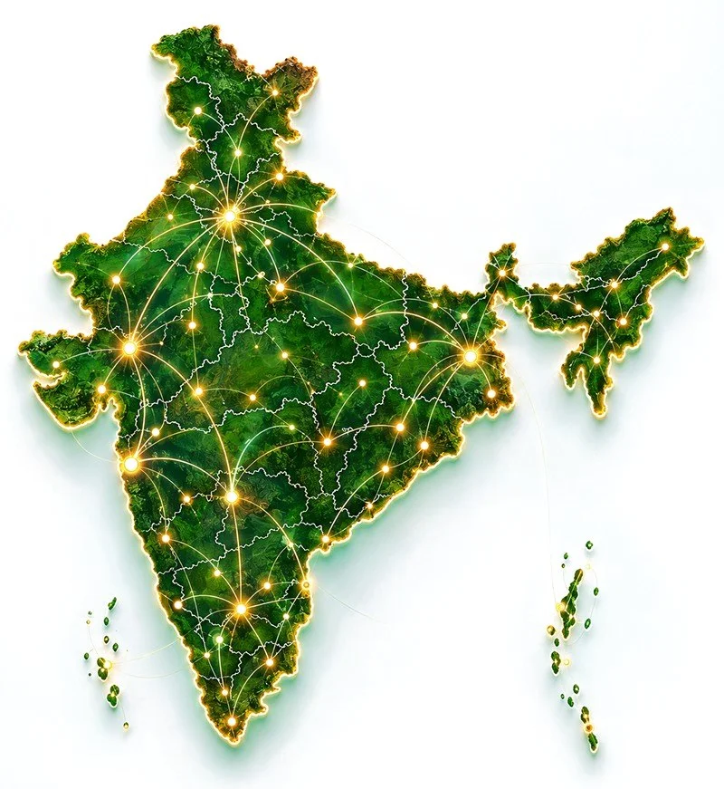 Map of India with glowing network lines linking cities across every state
