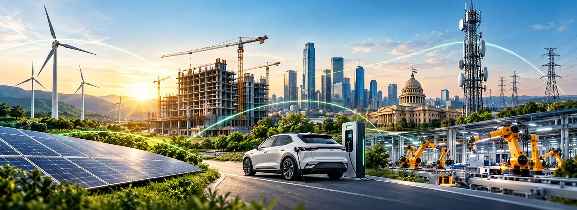 Wind turbines, solar panels, construction cranes, an EV charger, telecom towers and robotic arms across a city skyline at sunrise