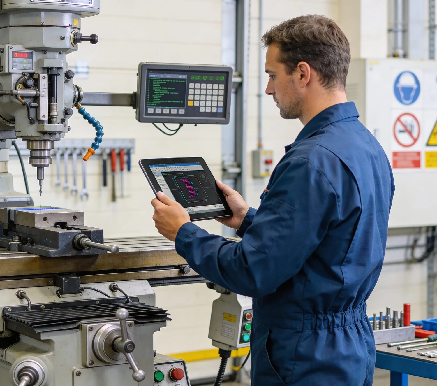 Technician checking a tablet beside a milling machine in a manufacturing workshop