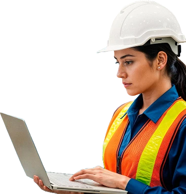 Engineer in a hard hat and safety vest checking production data on a laptop