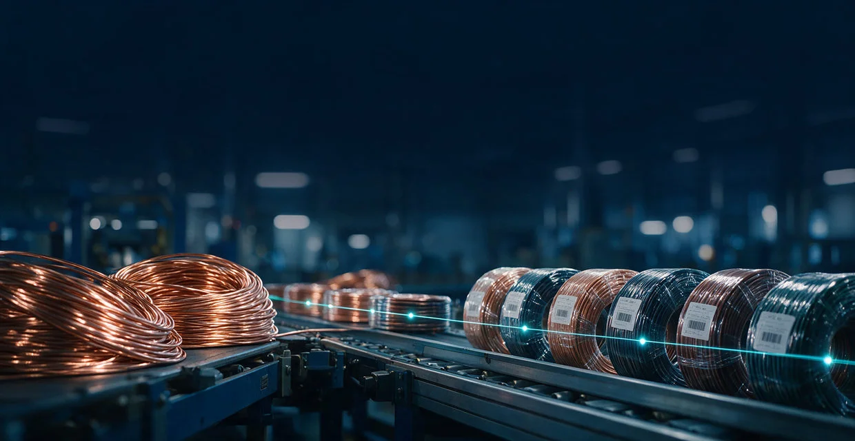 Copper rod coils moving along a production line into barcode-labelled finished cable coils, linked by a glowing tracking line