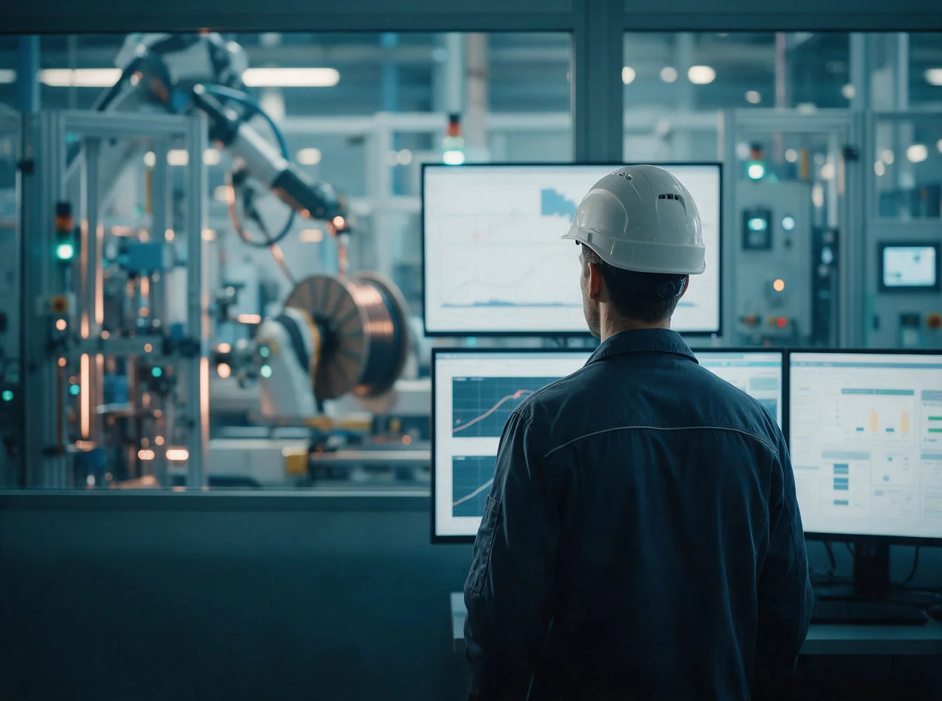 Engineer monitoring live test dashboards beside automated cable test rigs