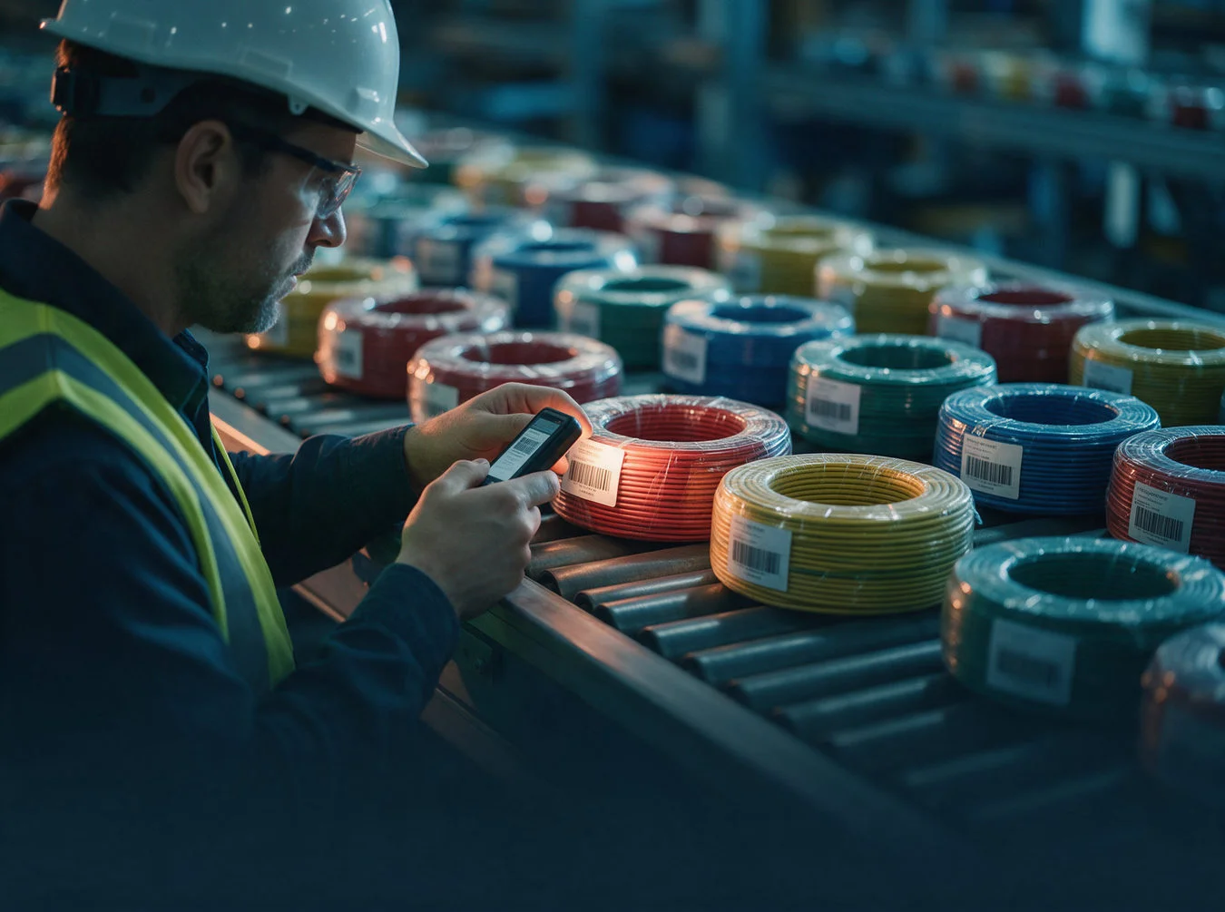 Inspector scanning the tag on each coil of house wire along a conveyor