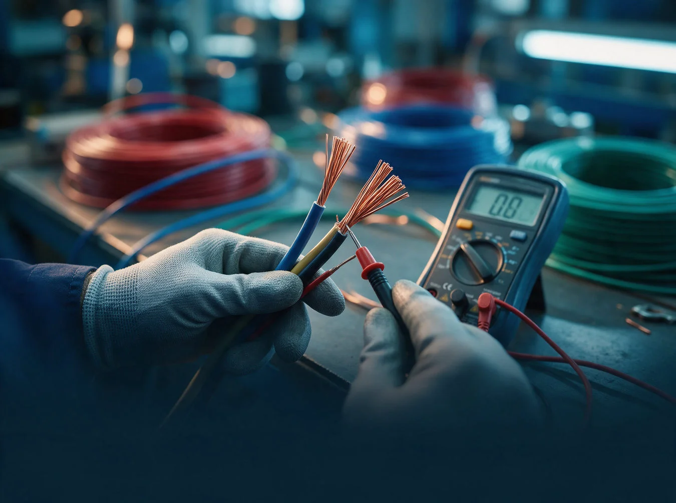 Technician testing the copper conductor ends of a cable sample with a multimeter