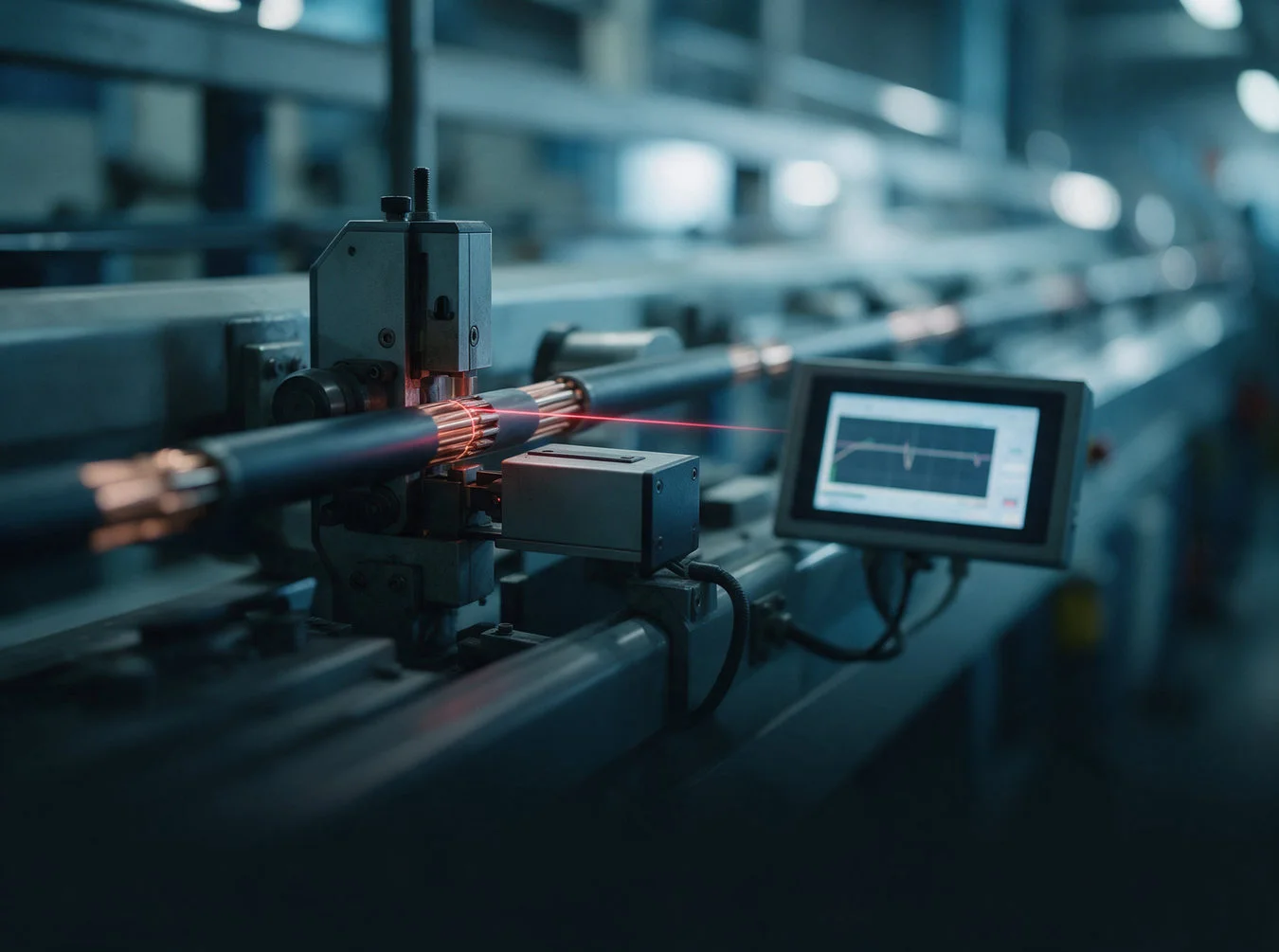 Cable passing through a laser diameter gauge on the production line
