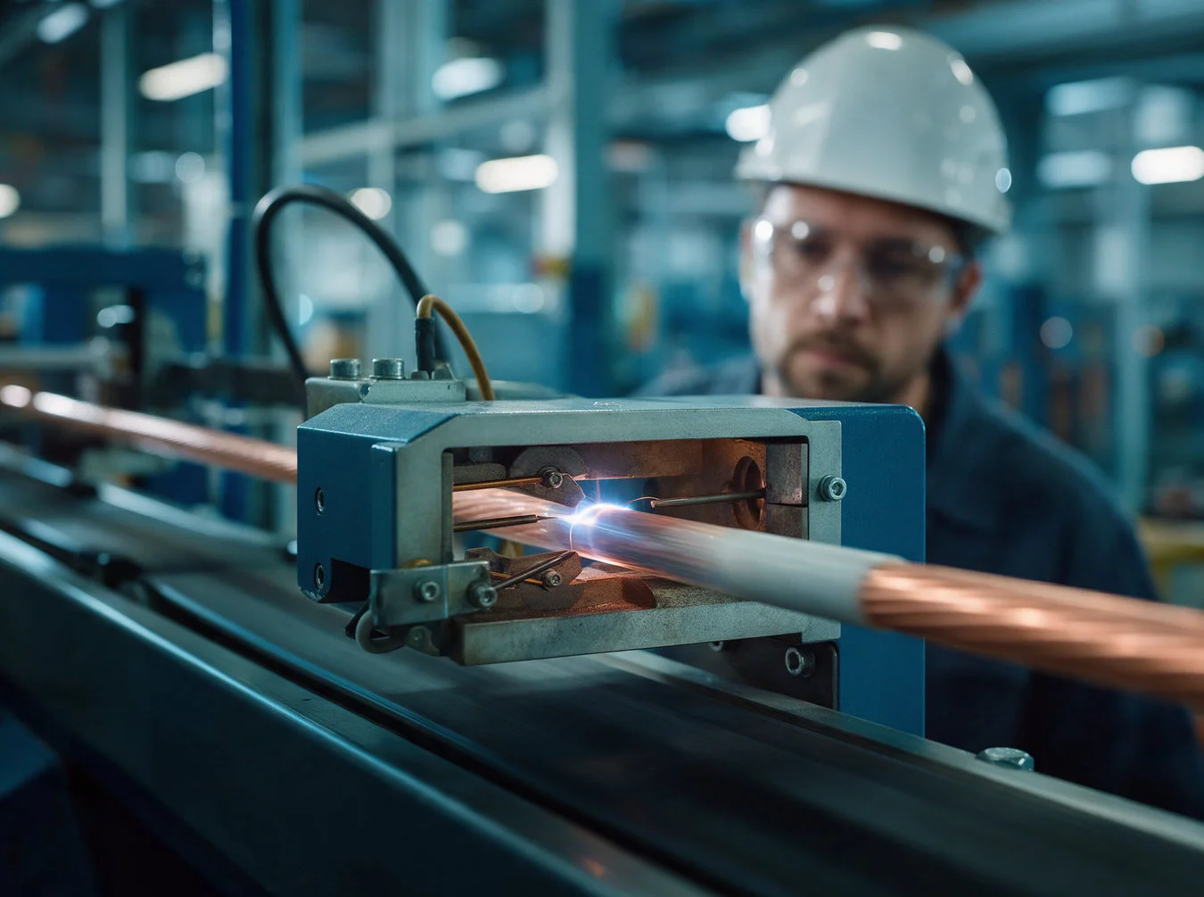 Insulated cable running through an online spark tester with a small electric arc