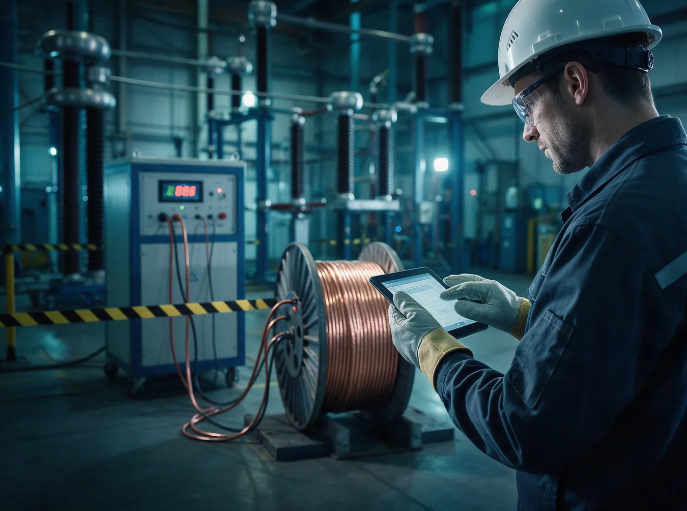 Engineer checking a high-voltage test reading on a coil of finished cable