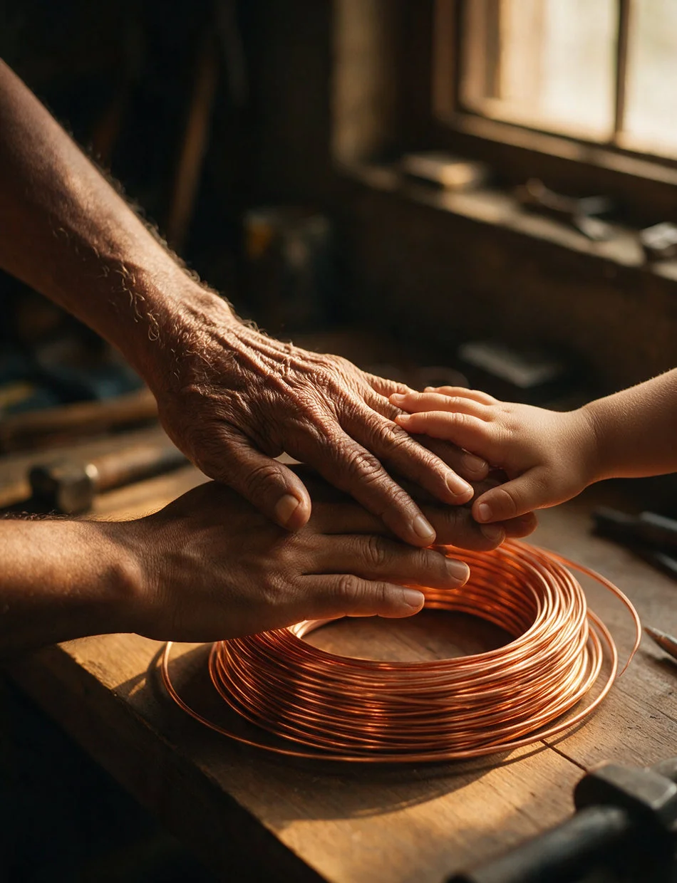 Hands of a grandfather, father and child resting together on a coil of copper wire