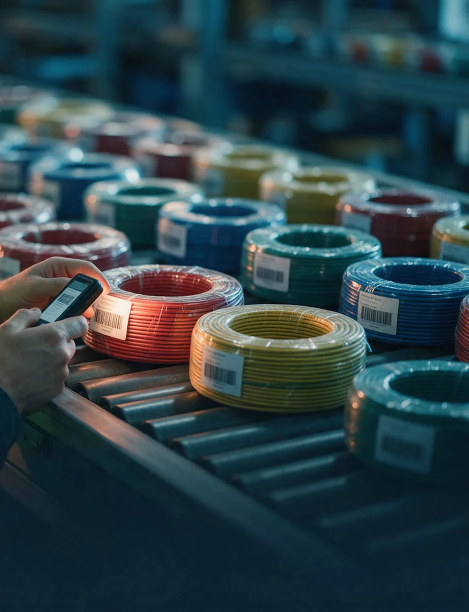 Inspector scanning the batch labels on coils of finished cable