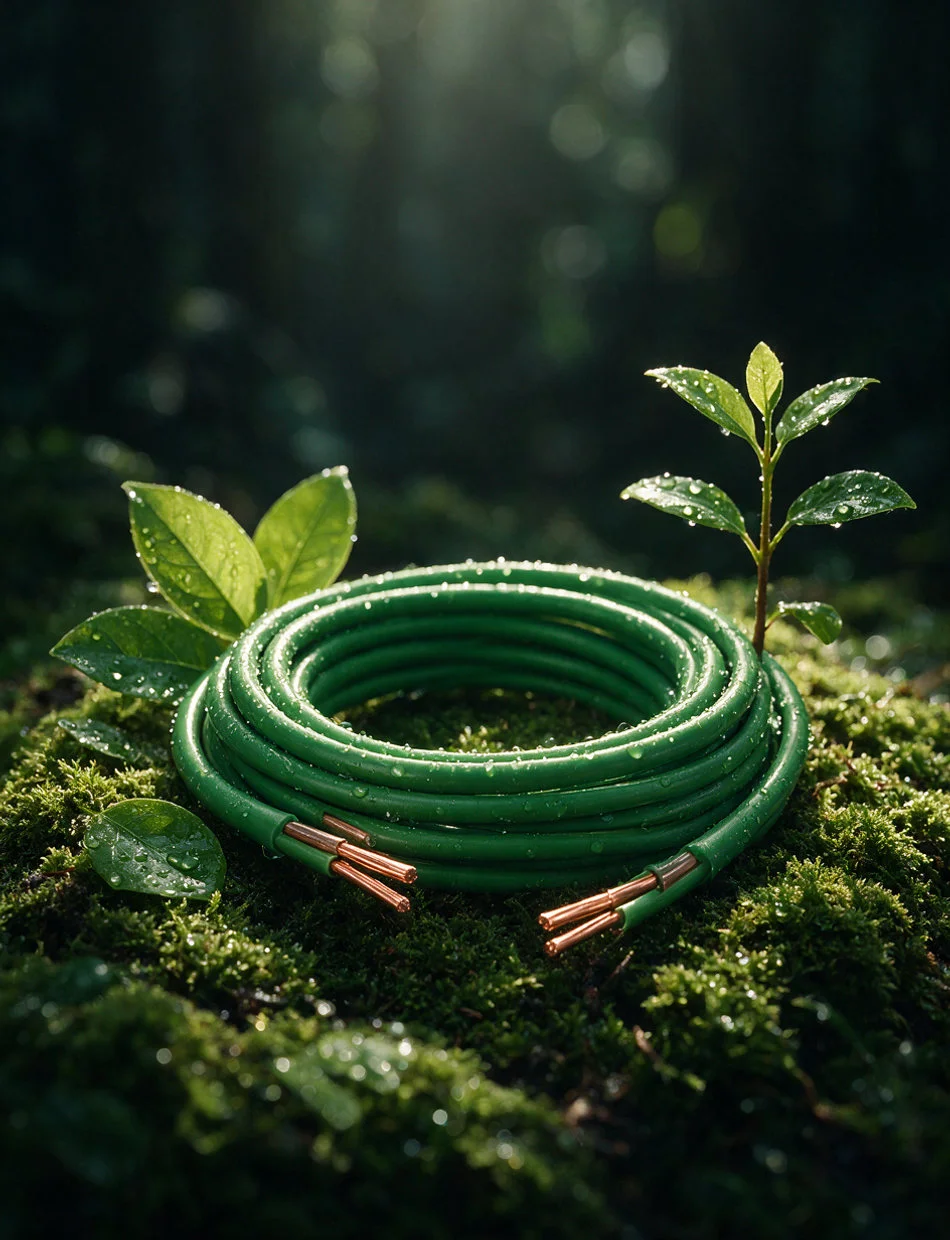 Coil of green-insulated copper cable on moss beside a young sapling